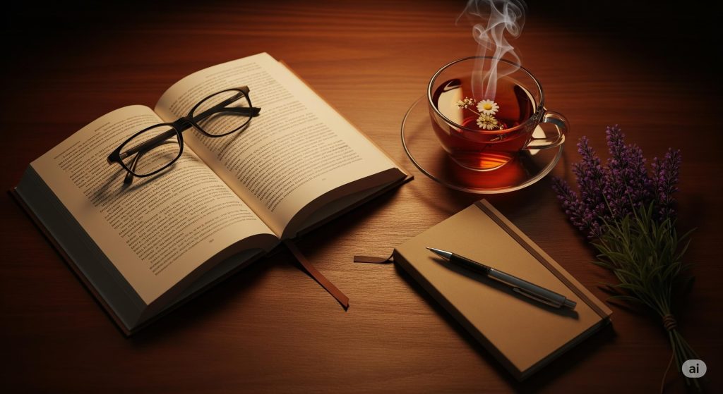 Una rutina de higiene del sueño con un libro y una taza de té junto a una cama ordenada.