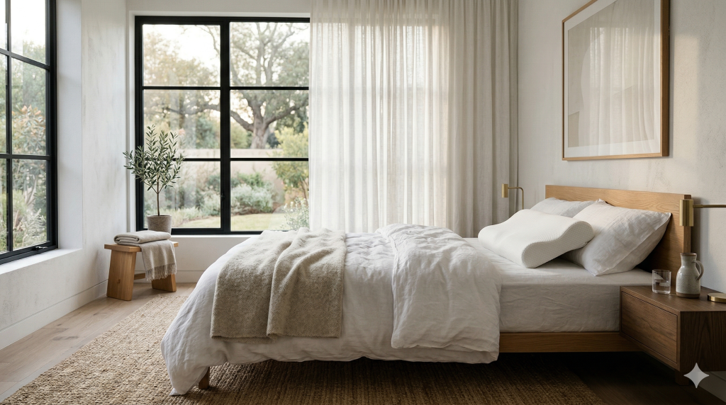 Dormitorio moderno con la mejor almohada cervical para dormir de lado en 2026