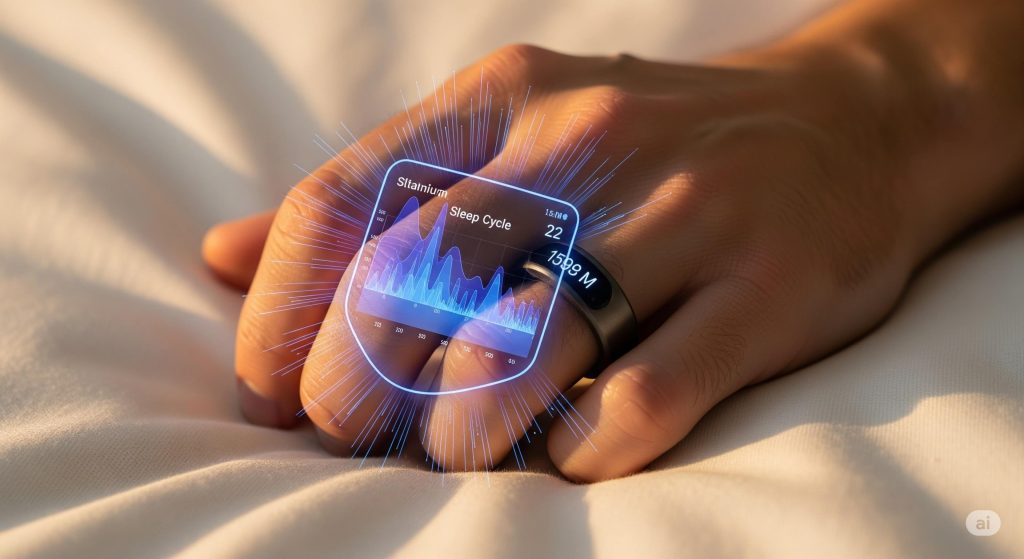 Mano de una persona con uno de los mejores anillos inteligentes para medir el sueño, mostrando datos de descanso.