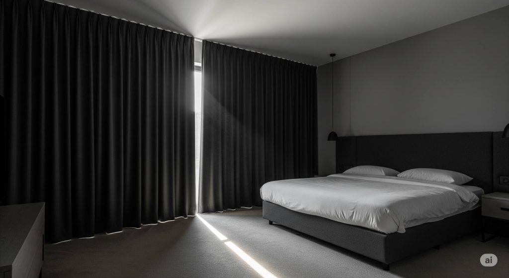 Una de las mejores cortinas opacas blackout de color oscuro bloqueando casi por completo la luz del sol en un dormitorio.