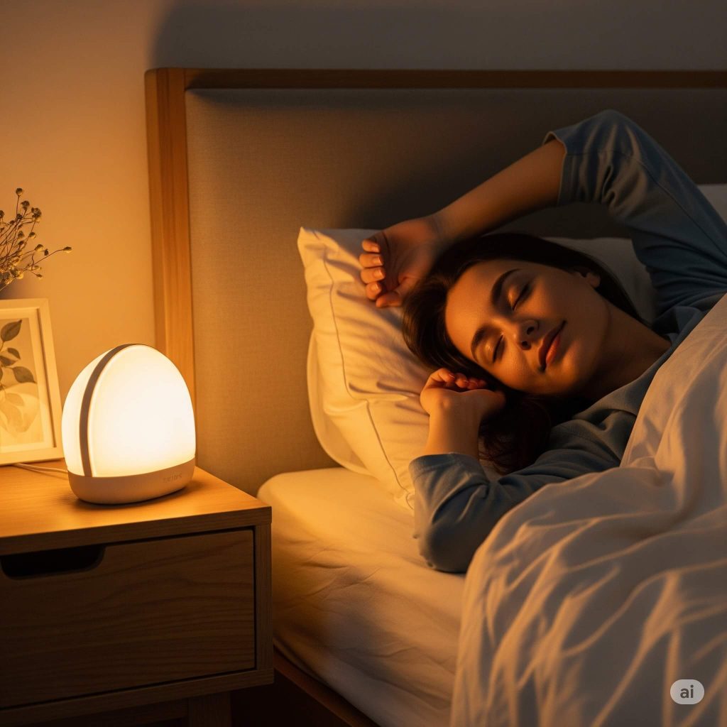Uno de los mejores despertadores de luz natural simulando un amanecer en un dormitorio sereno.