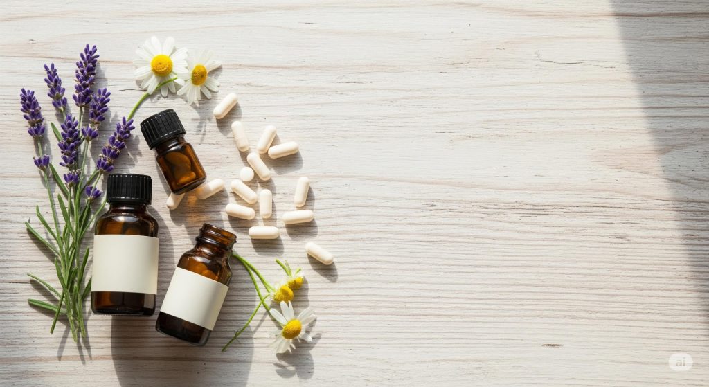Varios de los mejores suplementos naturales para dormir, como melatonina y magnesio, junto a flores de lavanda y manzanilla sobre una mesa.