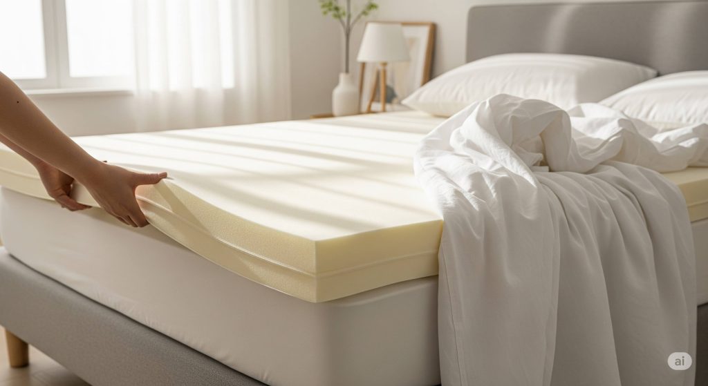 Varios de los mejores toppers de colchón, con una capa visible de espuma viscoelástica en una cama.