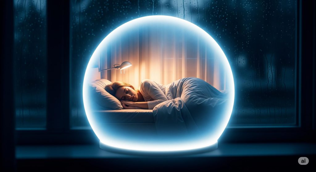 Representación visual del ruido blanco para dormir, con una persona descansando en una burbuja de sonido protectora.