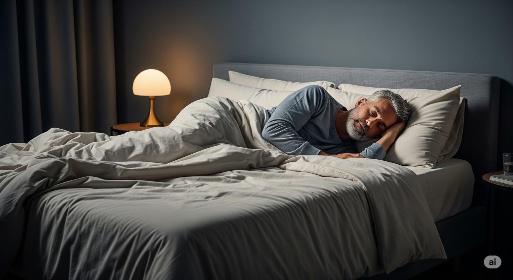 Dormitorio sereno y minimalista con una cama acogedora, optimizado para un sueño profundo.