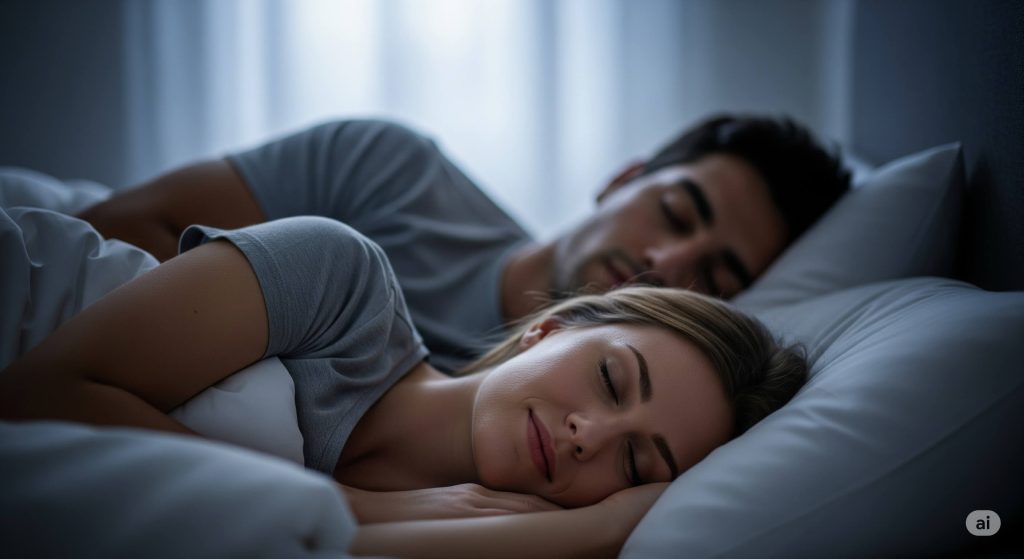 Pareja durmiendo plácidamente en una habitación silenciosa gracias a las soluciones para dejar de roncar.