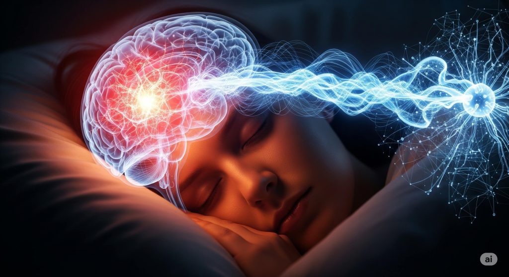 Representación visual de cómo el magnesio para dormir actúa en el cerebro para calmar el estrés y la ansiedad.