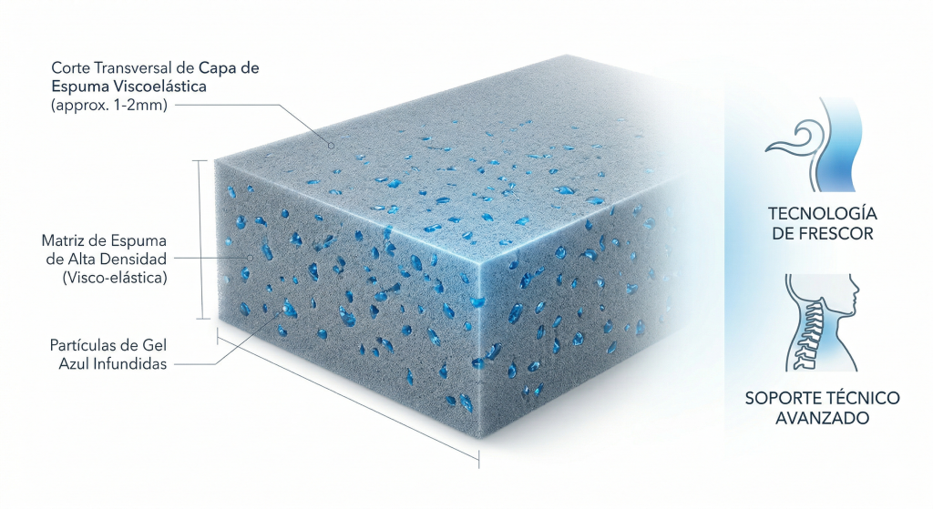 Infografía técnica de viscoelástica con gel para topper refrescante.