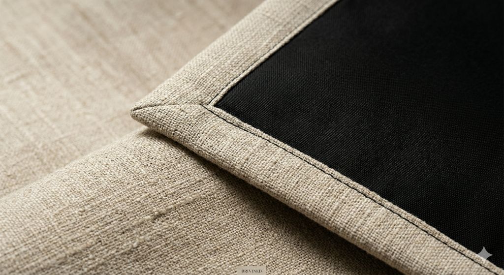 Detalle del forro negro de alta densidad cosido a una cortina premium con textura de lino.