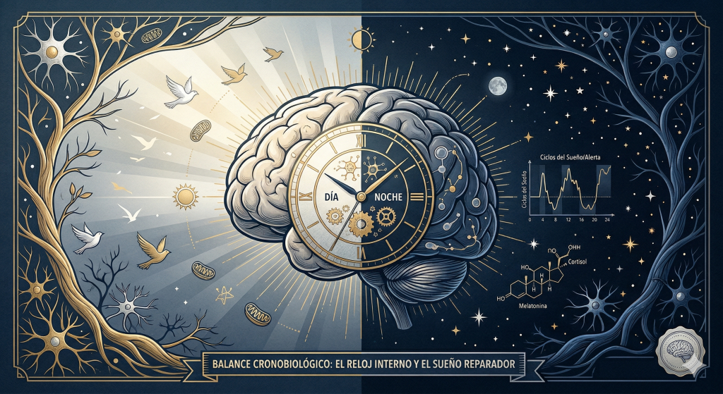 Esquema médico del ritmo circadiano mostrando el equilibrio entre melatonina y luz solar.