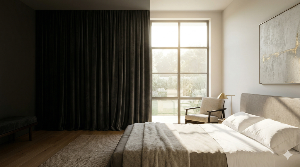 Dormitorio de lujo mostrando oscuridad total a plena luz del día con cortina blackout premium gris.