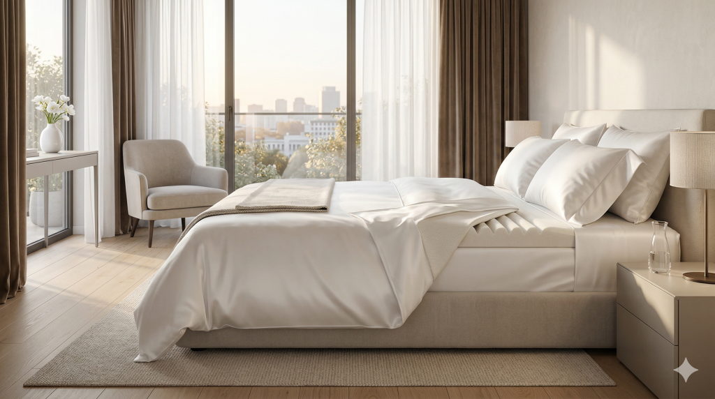 Dormitorio de lujo con el mejor topper premium de 7cm para colchón duro.